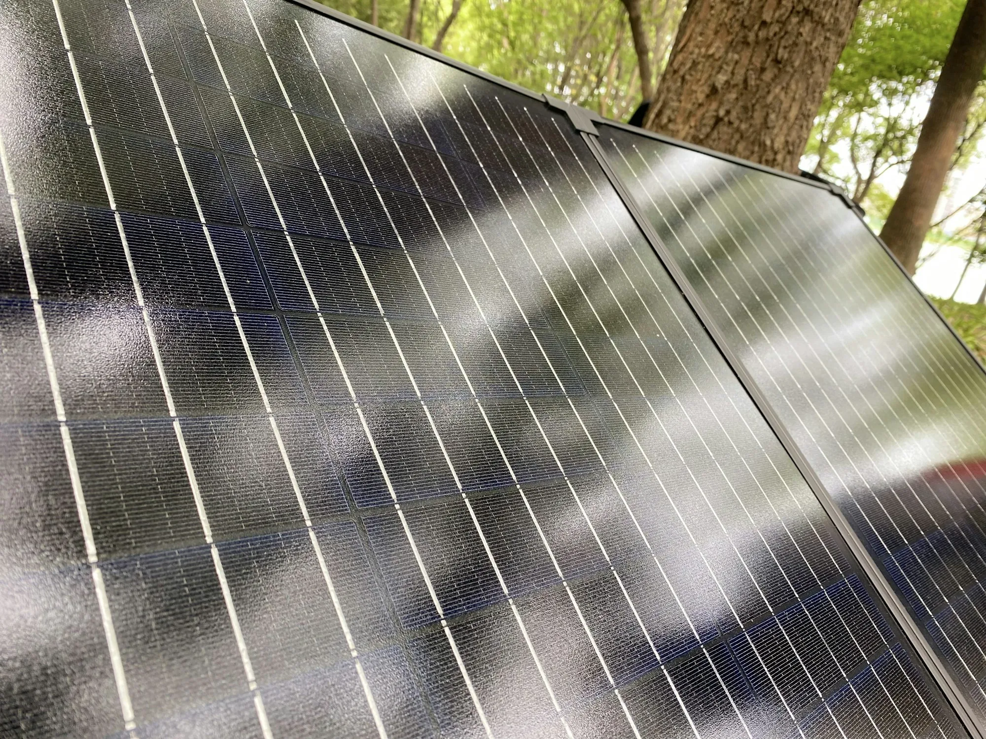 Sunlight glinting across the surface of a solar panel, the kind of module Harvey homeowners want stored safely during a reroof