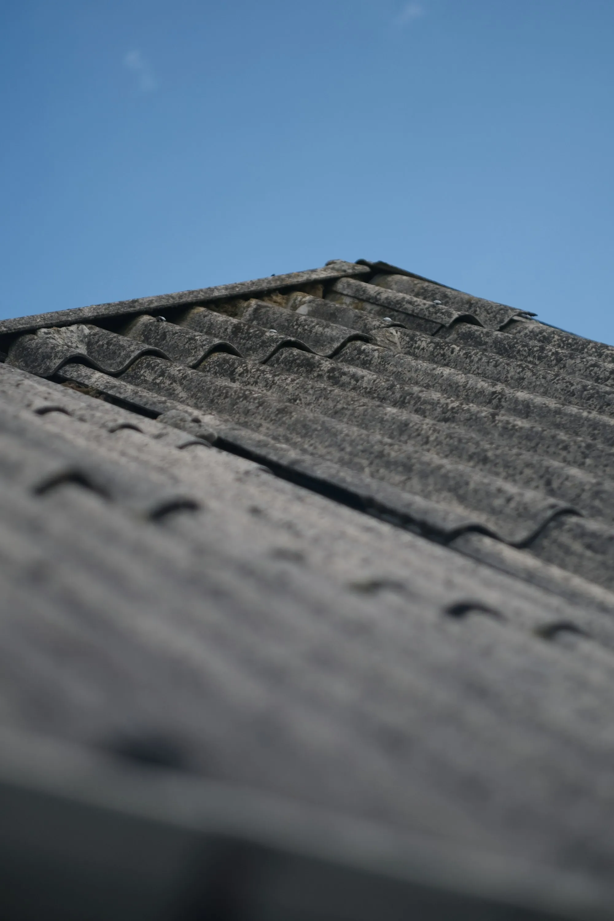 Close-up of dark asphalt shingles along a roof edge